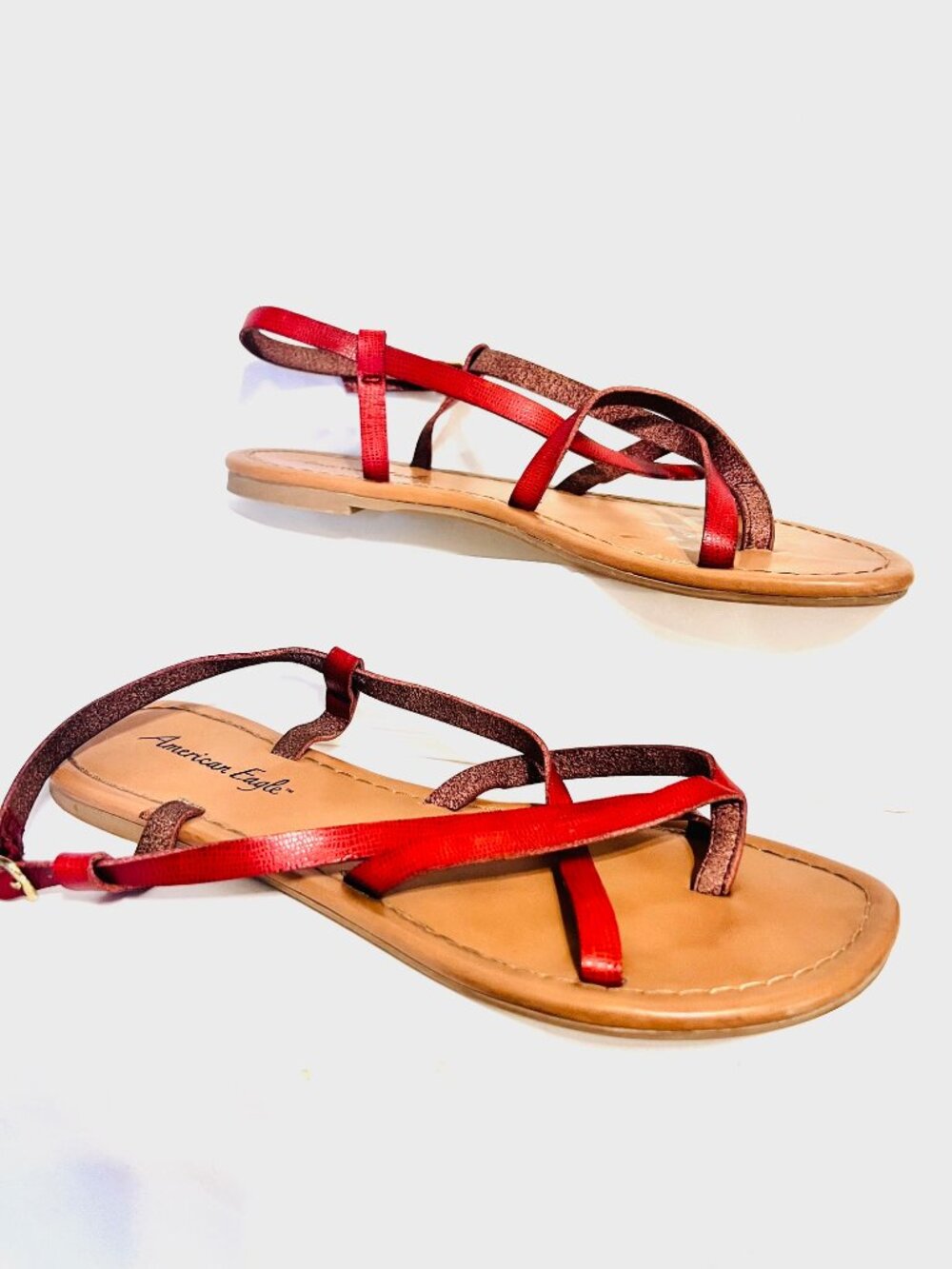American Eagle Strappy Ankle Toe Flat Sandals-Sz. 8 1/2 Red Snakeskin Print
